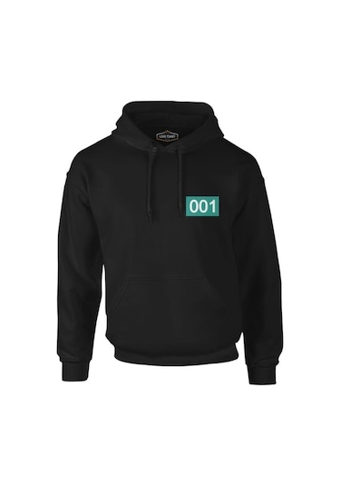 Squid Game-Number 001 Göğüs Logo Siyah Erkek Fermuarsız Kapşonlu