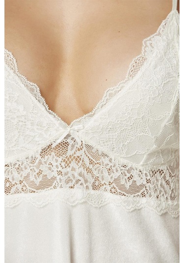 Pierre Cardin 845 Kadın İp Askılı Kadife Saten Gecelik-ekru Ekru