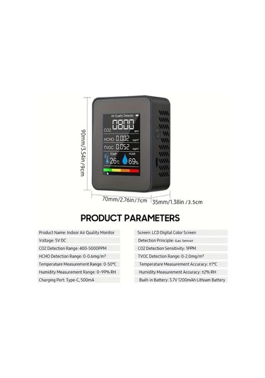 Xuweiwei Beyaz 1 Bilgisayar 5i 1 Arada Hava Kalitesi Monitörü Co2 Co Pm2 5 Pm10 Hcho Tvoc Lcd Ekranli Gaz Dedektörü Co2 Sensör Cihazı