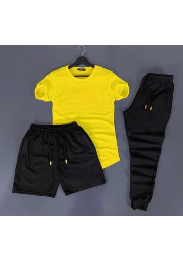 3'lü Slim Fit Unisex Tshirt - Şort - Eşofman Kombin Sarı Düz Sarı - Siyah