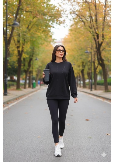 Cemo Günlük Uzun Kollu Bisiklet Yaka Basic Bluz/sweatshirt Siyah