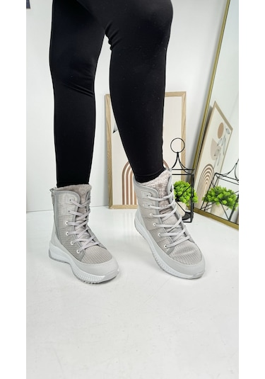 Günlük Kadın Kar Botu Kürklü Bağcıklı Fermuarlı Rahat Yüksek Kalın Tırtıklı Taban Bootie 815 Buz