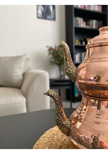 Bakır El Dövme Desenli Çaydanlık Bakır