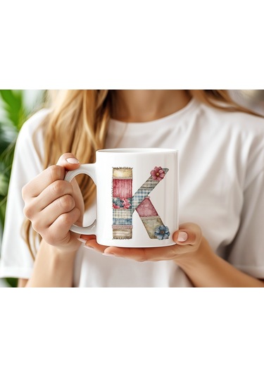 K Harfli Retro Çiçekli Kupa Bardak - Patchwork Tarz Yamalı Desenli İsme Özel Kupa - Hediye Beyaz