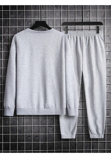 Erkek Düz Eşofman Takımı Sweatshirt Jogger - Gri Oversize Şardonlu Bisiklet Yaka Gri