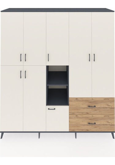 Kronos Dolap 12 Raflı 2 Çekmeceli Tek Askılı 220x59x243 Antrasit-aytaşı/çam Aytası/atlas Çam