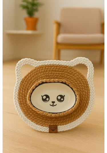 Pet - Hasır Görünümlü Kedi Paspası Ve Mama Kabı - Leke Tutmaz