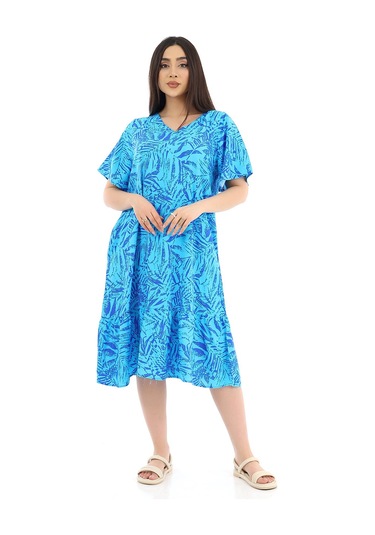 Schık Kadın Viskon Yarım Kol V Yaka Cepli Fırfırlı Elbise Siyah Mavi