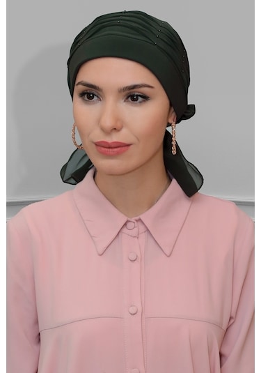 Haki Pratik Hazır Geçmeli Tesettür Bone Sandy Kumaş Incili Pileli Haki