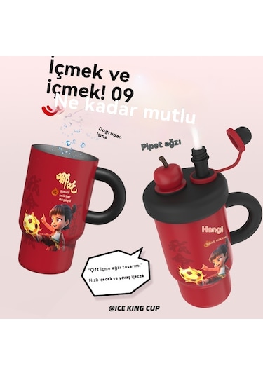 Aurora Nezha Sevimli Termos Bardağısu Bardağı Büyük Kapasiteli Öğrenci Kırmızı