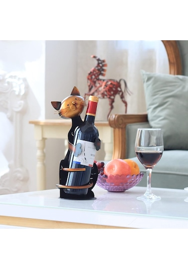 Hangfox Kedi Şekilli Metal Şarap Tutucu - Ev Dekoru Ve Pratik Kullanım - Kireçten Renkli - 11.7x11x33.1 Cm