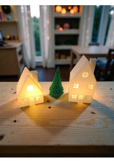 Işıklı Ev Ve Çam Tealight Dekorasyon Seti Pilli Işıklı Beyaz