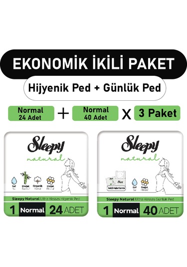 Sleepy Natural Ultra Ped Normal 24'lü + Uzun Günlük Ped 3 x 40'lı