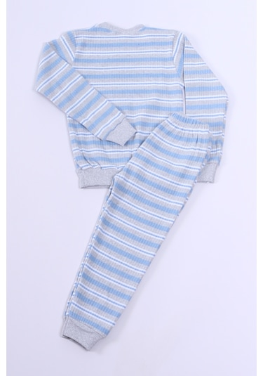 Hçm Erkek Çocuk Pijama Takımı Çizgili Ribanalı A35 Mavı
