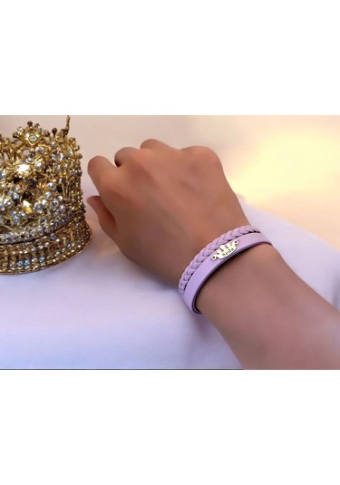 Archin Seda İsmine Özel Doğal Mor Derili Taç Figürlü 14 Ayar Altın Plakalı Hediye Bileklik-637isim Seda