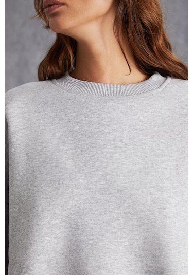 Vaneltına  Kadın Içi Polarlı 3 Iplik Organik Pamuk Oversize Basic Bisiklet Yaka Grimelanj Sweatshirt