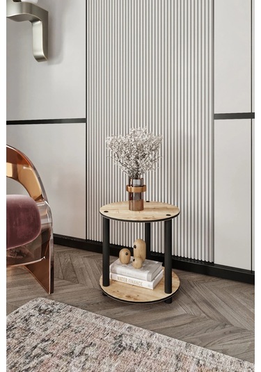 2 Katlı Dekoratif Yuvarlak Kitaplık Meşe Meşe