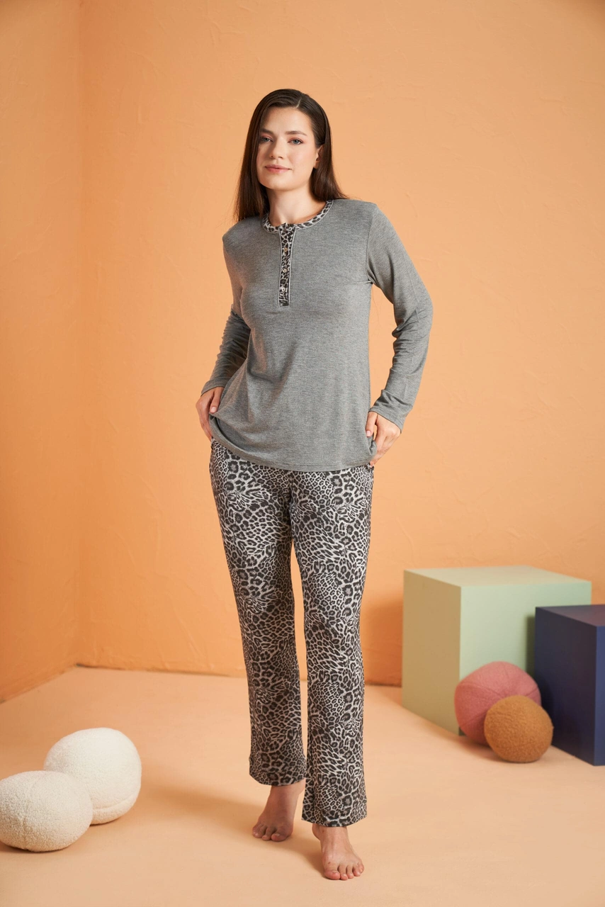 Pjs Kadın Likralı Viskon 4 Mevsim Kumaş Leoparlı Uzun Kollu Pijama Takım gri