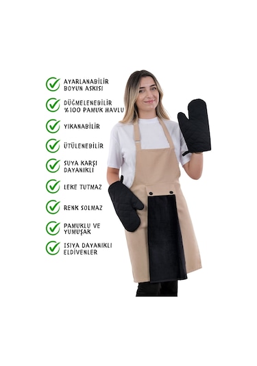 Star Ayar Askılı Havlulu 4lü Mutfak Önlüğü Seti 2 Eldiven Krem-siyah-siyah