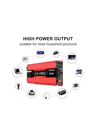 Carmaer Evrensel 12v - 220v 500w Araba Lcd Ekran Invertör Ev Güç Dönüştürücü