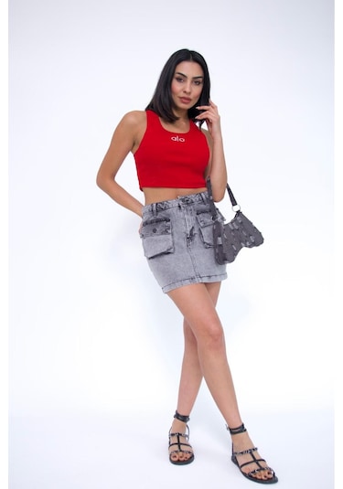 Zeo Basic Kargo Cepli Grey Mini Skirt Gri