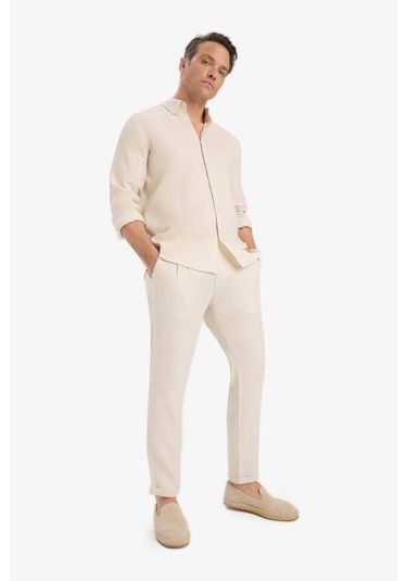 Defacto %100 Keten Normal Kesim Crop Duble Paça Yazlık Kumaş Pantolon C1826ax25smbg106 Bej