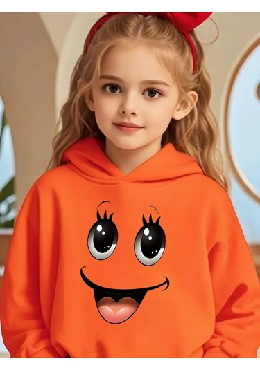 Kışlık Kapüşonlu Sweatshirt, Çocuk Sevimli Gülücük Desen Turuncu