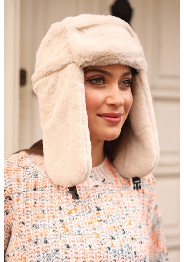 Çıtçıtlı Kürklü Kulaklıklı Peluş Bere Şapka Rkş-03 Bej Bej