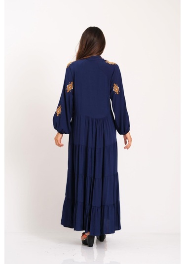 Kadın Lacivert Önü Ve Kolları Otantik Nakışlı Eteği Kat Kat Uzun Elbise-lacivert