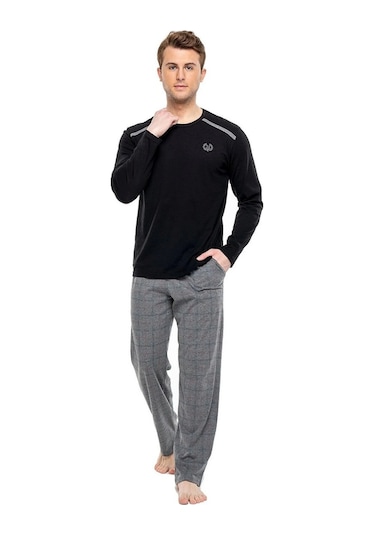 Mod Collection Pamuklu Sıfır Yaka Kareli Erkek Pijama Takım 001