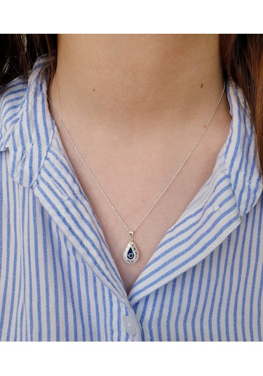 925 Ayar Gümüş Damla Model Nazar Boncuklu Gümüş Kolye