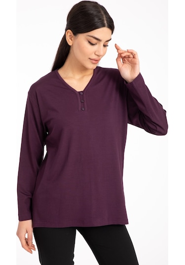 Kadın Orta Yaş ve Üzeri Dört Mevsim V Yaka Rahat Kalıp Likralı Viskoz Anne Penye Bluz 140-Mürdüm