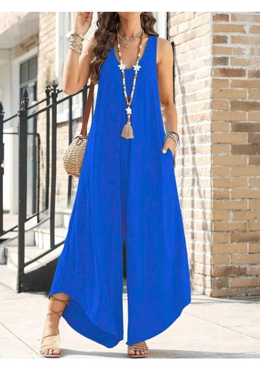 Soonaksesuar Kadın Askılı Yuvarlak Yaka Cepli Salaş Uzun Viskon Tulum Mavi