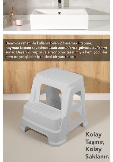 Büyük Boy 2 Basamaklı Merdiven Tabure - Kaydırmaz Tabanlı Çok Amaçlı Basamak Tabure Gri