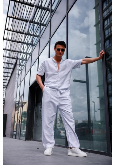Keten Baggy Beyaz Renk Erkek Pantolon-1764 Beyaz