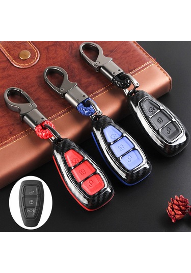 Kangvka Ford Fiesta, Focus, Kuga, C-max Uyumlu 3 Tuşlu Silikon Anahtar Kılıfı - Karbon Fiber Desenli Kırmızı Anahtar Kılıfı Ve Anahtar Zinciri