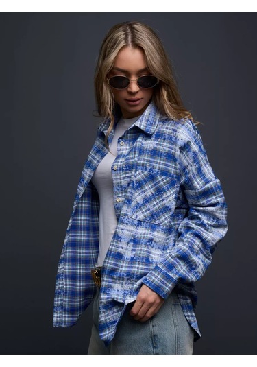 Justfıre Kareli Oversize Gömlek 268682244 Açık Mavi