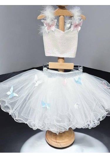 Kız Çocuk Kelebek Desenli Pullu Croplu Tütü Etekli Takım-15462 Beyaz
