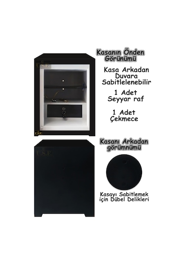 U.S.F Ev ve Ofis Tipi Çelik Çift Anahtarlı Para Kasası 55 CM 40 KG - Gri