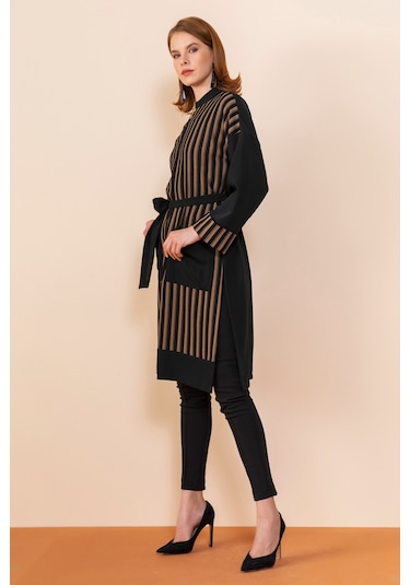 Serpil Exclusive Çizgili Modern Tunik Şık Ve Zarif Tasarım Siyah-haki