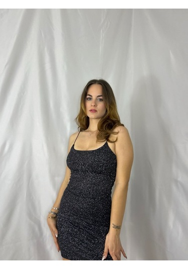 Gümüş Simli Ip Askılı Mini Elbise Siyah