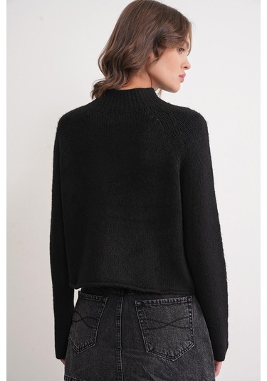 6855 Kadın Dik Yaka Saç Örgülü Triko Kazak Siyah Siyah
