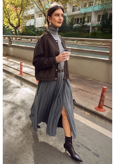 Seçil Kadın Kemer Detaylı Pileli Etek 0013 Gri Gri