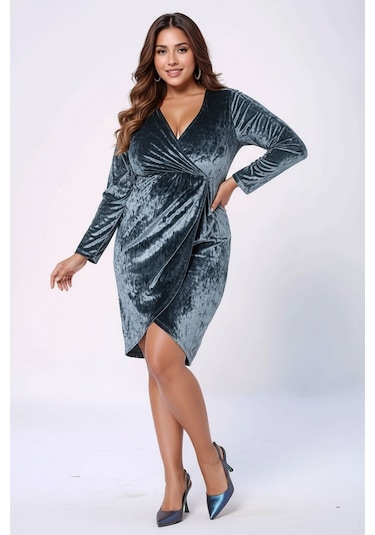 Kadın Kruvaze Yaka Esnek Şık Uzun Kol Büyük Beden Curve Kadife Abiye Gece Elbisesi Mavi