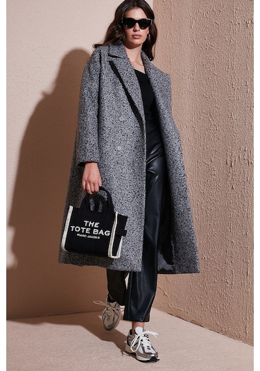 Lela Oversize Fit Mono Yaka Düğmeli Buklet Uzun Kaşe Bayan Kaban 6810236 Antrasit