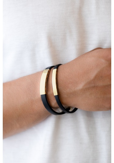 14 Ayar Altın Bar Siyah Kauçuk Erkek Bilekliği