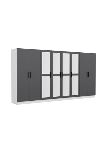 Minar Kale 8 Kapaklı 4 Aynalı 2 Çekmeceli Dolap Beyaz Antrasit 210cm Çok Renkli