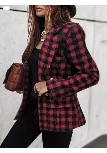 Yeni Sezon Kadın Yakalı Kareli Düğmeli Uzunkollu Dokumakrep Ceket Kırmızı
