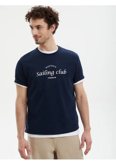 Nice & Easy Erkek Pamuklu Yazılı Tişört. 385464161 Mavi