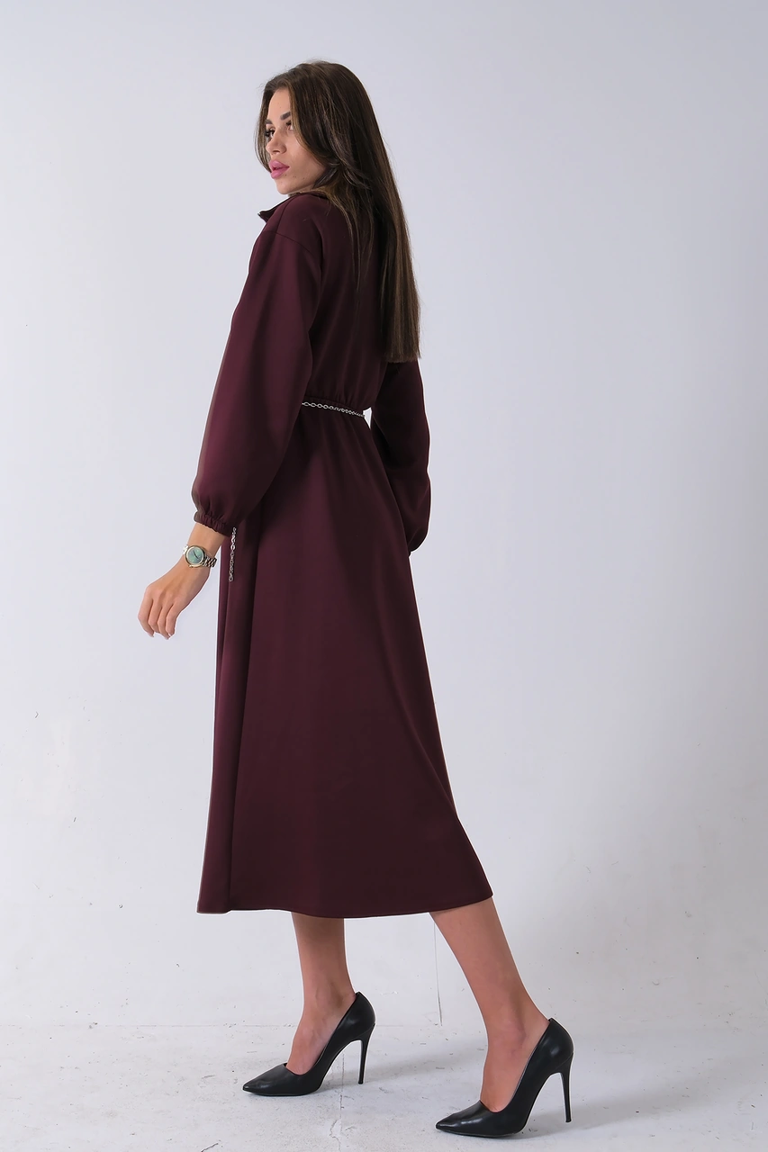Feminist Bordo Yaka Fermuar Detaylı Bel Ve Bileği Lastikli Kemerli Scuba Elbise 4593455.04 Bordo